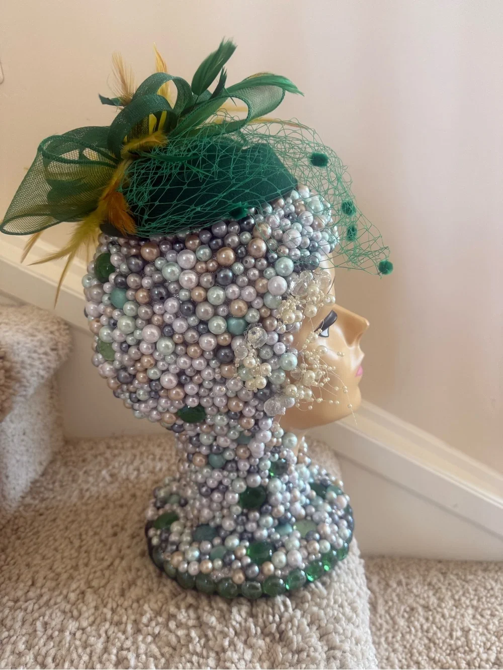 Green Feathered Veiled Pillbox Hat Fascinator